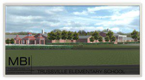 A rendering of what the elementary school in the Cahaba Project will look like, as seen from where Jack Wood Stadium used to stand photo courtesy of Trussville City Schools