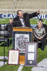 Clay-Chalkville head coach Jerry Hood speaks at Friday's event. photo by Ron Burkett