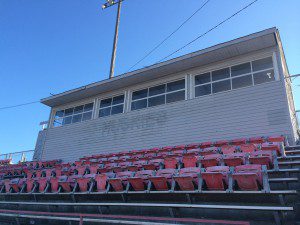 The red letters that spell out “HUSKIES” have been removed from the press box at Jack Wood Stadium. photo by Gary Lloyd