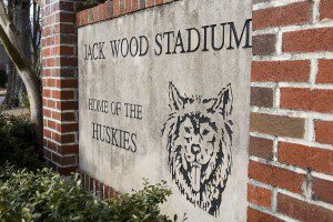 The sign outside the entrance to Jack Wood Stadium photo by Ron Burkett