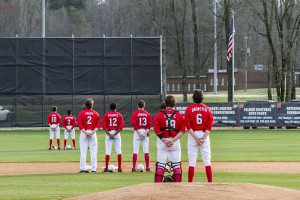 The Hewitt-Trussville baseball team during the National Anthem at a game earlier this season file photo by Ron Burkett