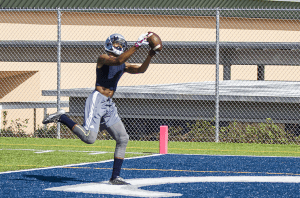 Clay-Chalkville's junior WR, Nico Collins, securing a touchdown reception at the Deerfoot Invitational in July. photo by Ron Burkett