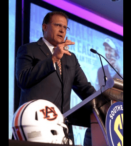 Auburn coach Gus Malzahn speaks to the media during the NCAA college football Southeastern Conference Media Days, Monday, July 13, 2015, in Hoover, Ala. (AP Photo/Butch Dill) 
