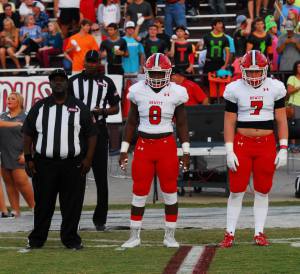 Hewitt-Trussville’s Jaison Williams (8) and Bailey McElwain (7) before the Gardendale game. Photo by Kristi Slawson.  