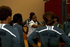 Clay-Chalkville volleyball coach Natasha Brown preparing her team for a game against rival Hewitt-Trussville. photo by Erik Harris 