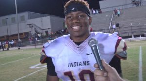 Pinson Valley defensive back Jay Woods talks with the Tribune following the Indians’ 24-20 overtime win over fourth-ranked McAdory. Photo by Jason Bradley 