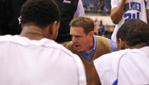 Jim Sanderson encourages his troops during a timeout. CREDIT: Ryan Bartels, FSN