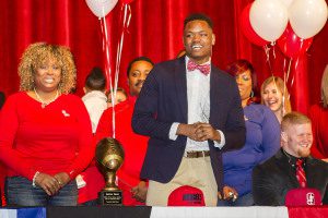 Jarrion Street speaks to the crowd at Hewitt-Trussville's National Signing Day ceremony. Photo by Ron Burkett