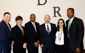 Officials participating in DRC grand opening -- from left: Alabama Board of Pardons & Paroles Assistant Director Darrell Morgan, Deputy Legal Advisor to the Governor, Franklin Johnson, ABPP Executive Director Phil Bryant, Sentencing Commission Director Bennet Wright, U.S. Attorney Joyce White Vance and ABPP Chairman Cliff Walker. (photo submitted by Peggy Sanford)