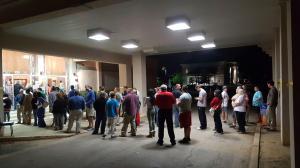 The line outside Trussville City Hall was backed up out the doors into the parking lot at 7 p.m. when polls closed. All voters in line at the time of the closing were allowed to vote. Photo by Scott Buttram