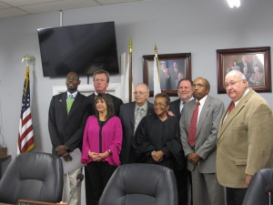 Left to right: Bobby Scott, Justice Michael Bolin, Linda Kennemer, Mayor Tom Henderson, Judge Helen Shores Lee, Roger Barlow, James Howell, Terry Leesburg. (Photo by Bethany Adams)
