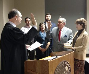 Newly-elected Trussville councilman Jef Freeman is sworn in.