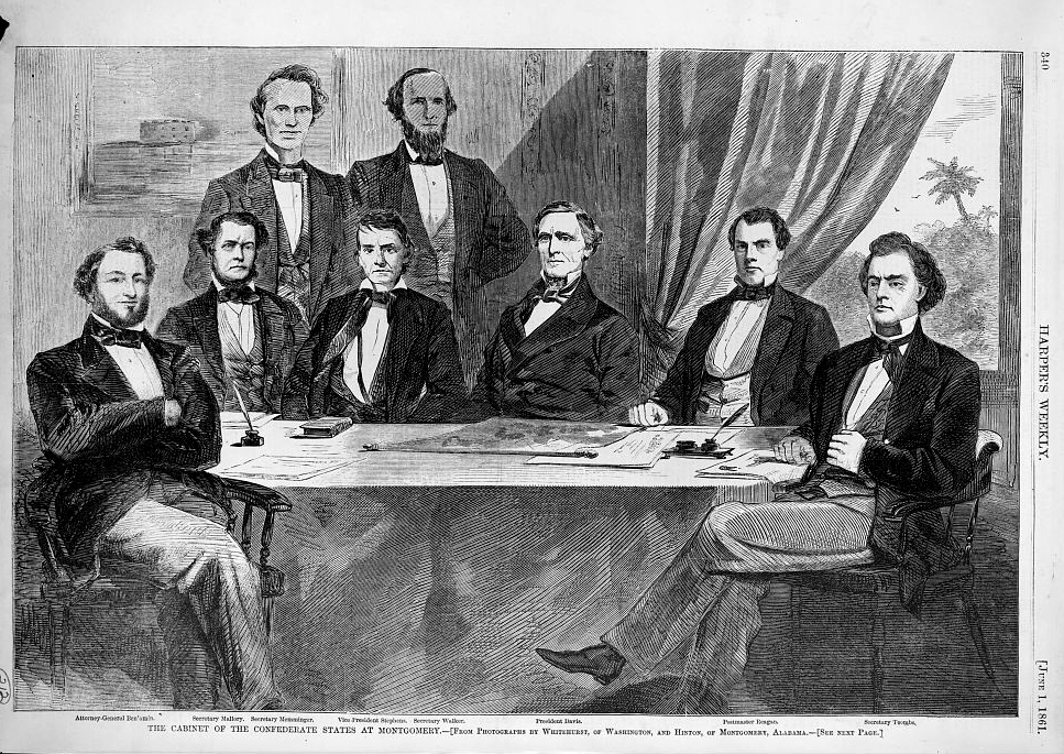 Group portrait of the Confederate cabinet including President Jefferson Davis, Vice President Alexander Hamilton Stephens, Attorney General Judah P. Benjamin, Secretary of the Navy Stephen M. Mallory, Secretary of the Treasury C.S. Memminger, Secretary of War Leroy Pope Walker, Postmaster John H. Reagan, and Secretary of State Robert Toombs, seated and standing around table. 1861. (Library of Congress Prints and Photographs .