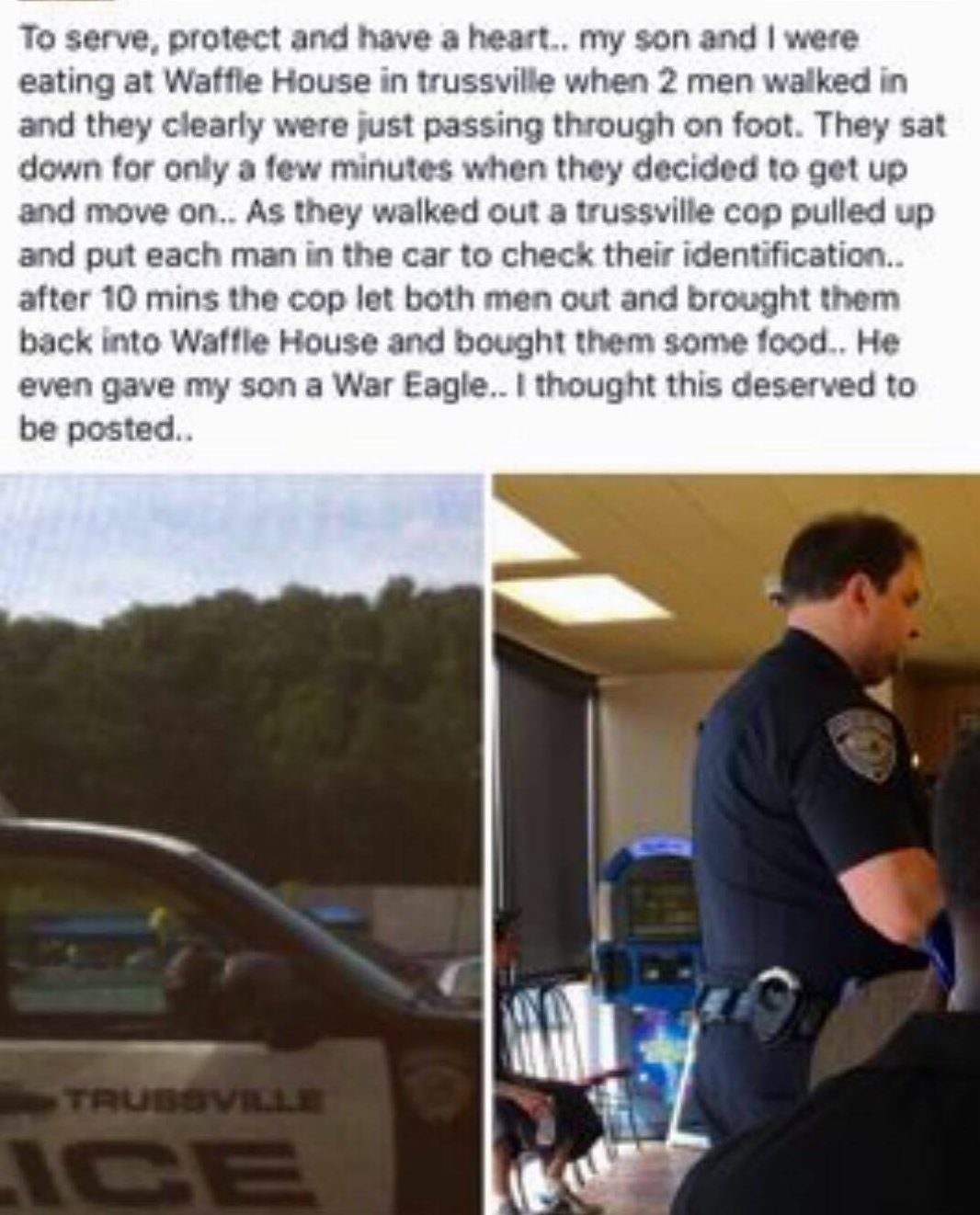 Trussville police officer extends help, food to people passing through