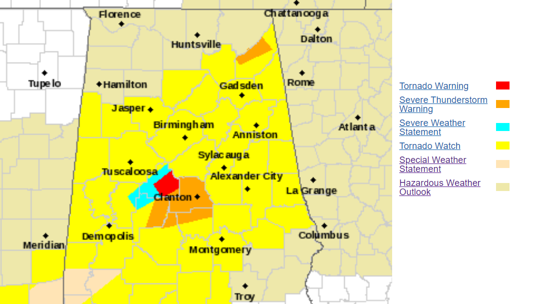 NWS issues Tornado Watch for eastern Alabama counties