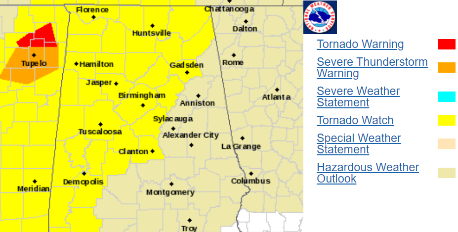 Tornado Watch issued for 19 counties in Alabama in including Jefferson and St. Clair