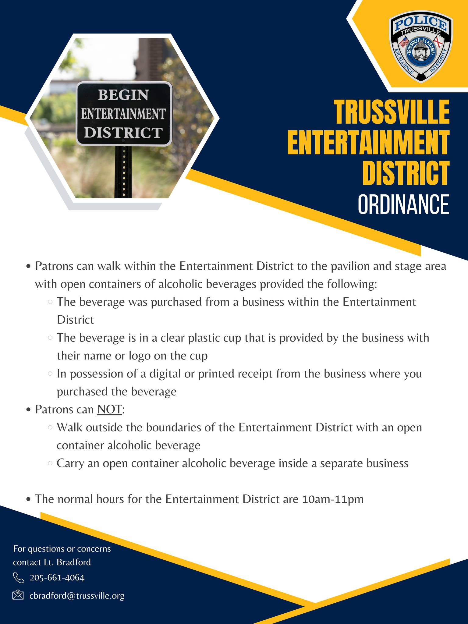 Trussville police department releases informational flyer for new entertainment district ordinance